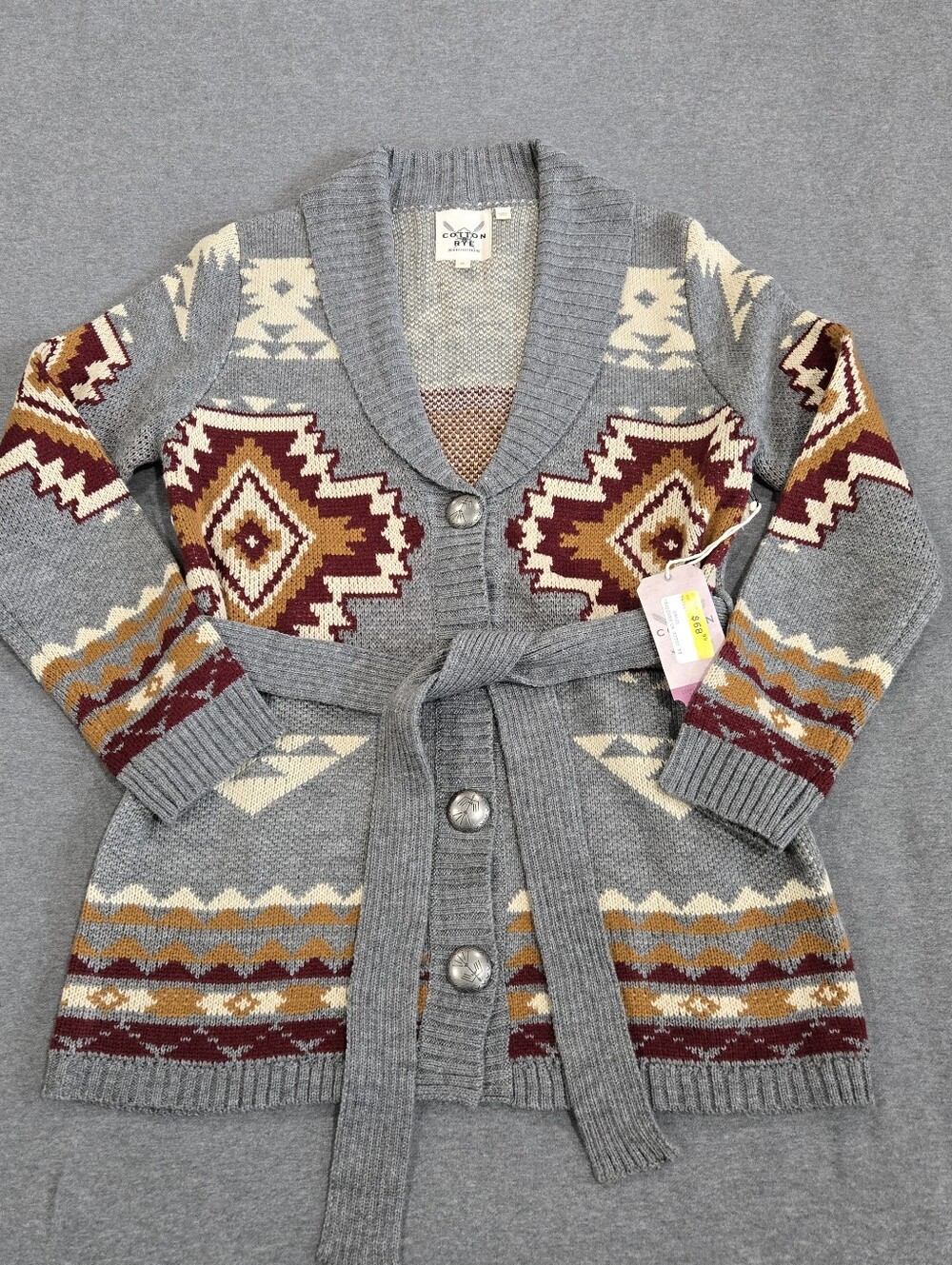 NWT Cotton & Rye Outfitter Cardigan Sweater Womens M Gray Aztec Belted Southwest